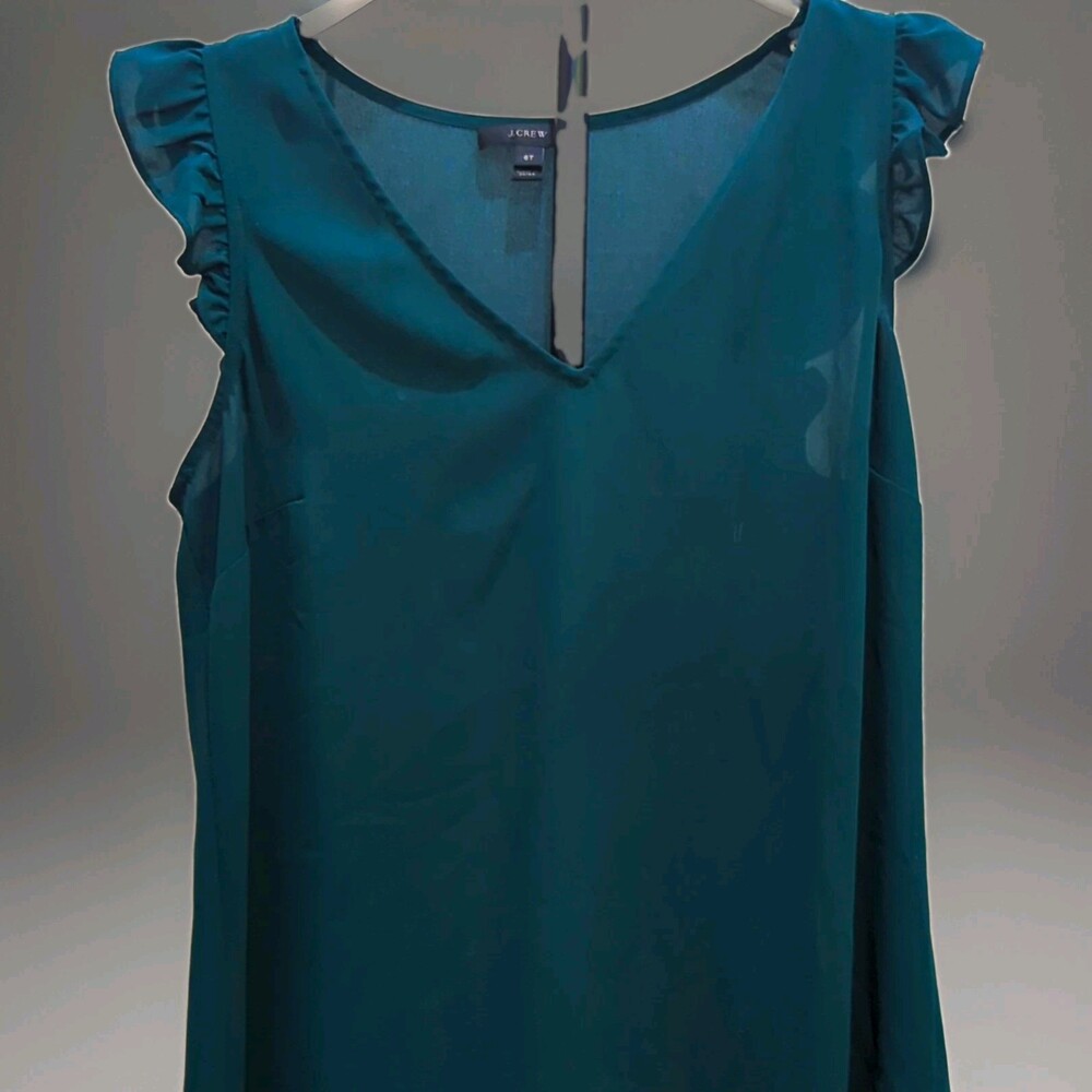 J.CREW Women’sForest Green Chiffon Sleeveless V-Neck Ruffle Blouse Size 6 Tall